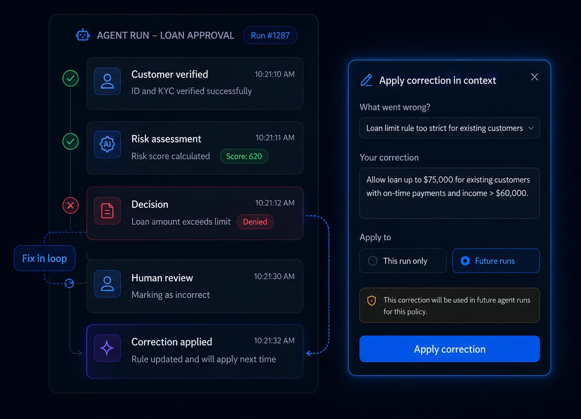 Human-agent loop showing agent run timeline with apply correction in context panel