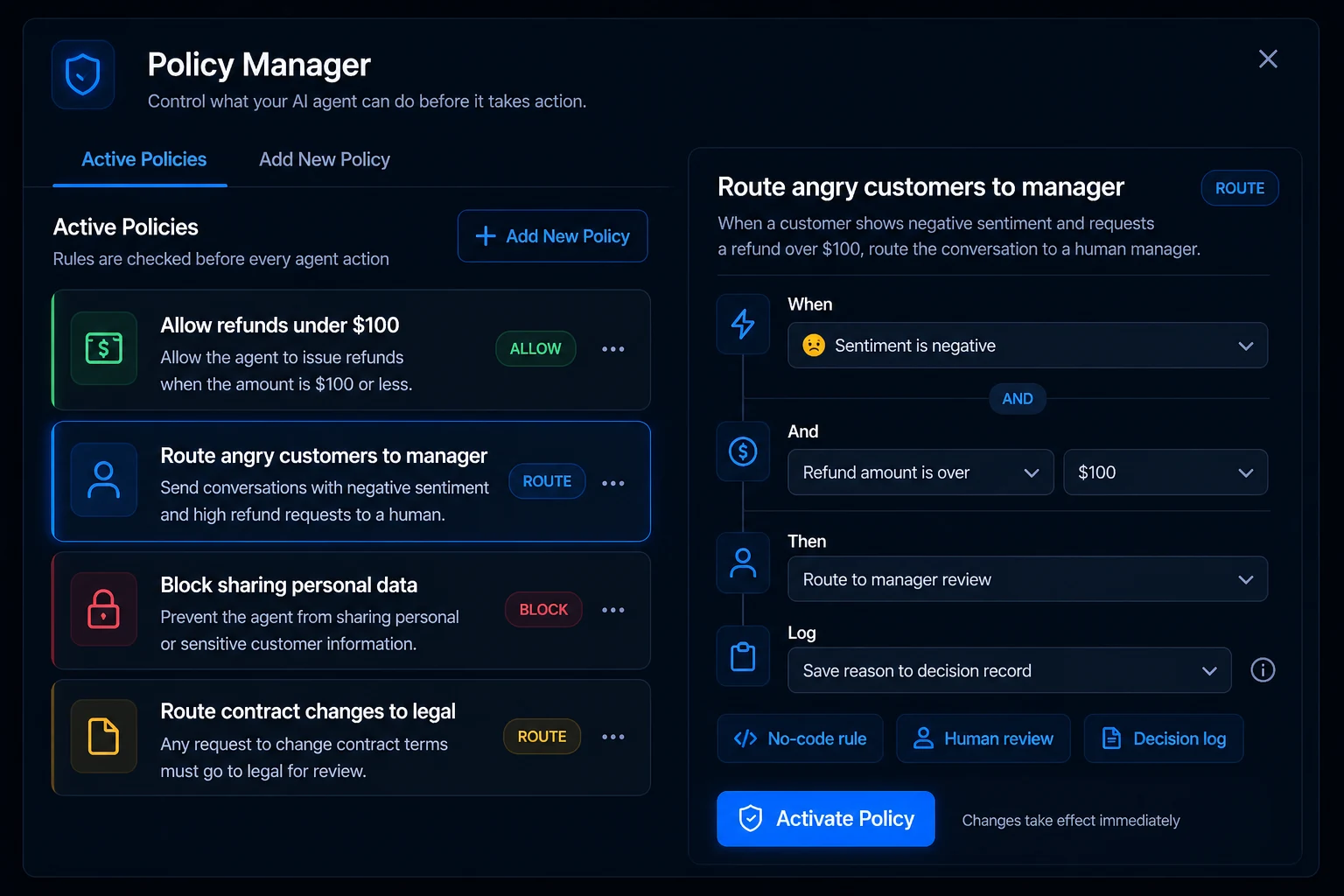 Policy Manager interface showing active policies with allow, route, and block rules